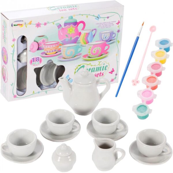 Set Ceramic de Ceai de Pictat, TEA SET, Joc de Rol Educativ, 18 Piese, 6 Culori si Pensula incluse in set, Alb
