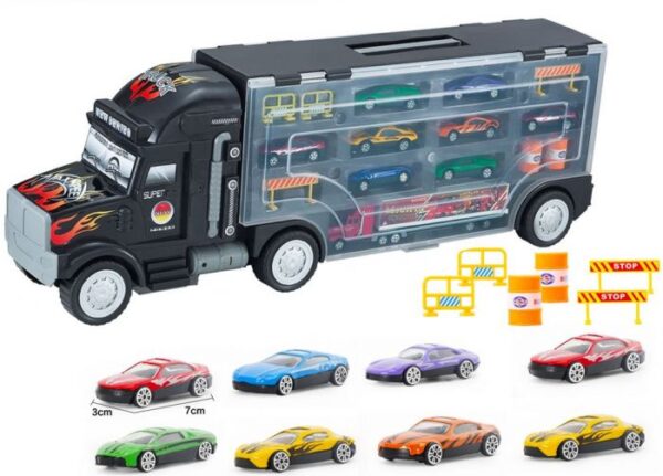 Set de Masinute, Transport Car, Cutie in Forma de Camion, 57 CM lungime, cu Maner si Panou Transparent, 8 Masinute si 2 Camioane incluse, Multicolor