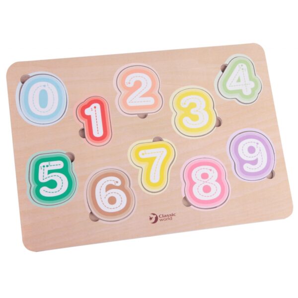 Puzzle din Lemn, Cifre de la 0-9, Imagini cu Fructe sub Piese, Util pentru Invatarea Numerelor, Multicolor