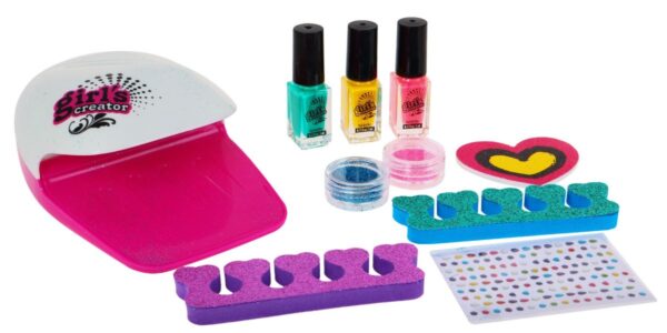 Kit pentru Decorarea Unghiilor, Nail Studio Salon, cu Uscator de Jucarie Functional, Include Sclipici, Pietricele Colorate, 3 Oje Non-Toxice, Pila pentru Unghii, Multicolor