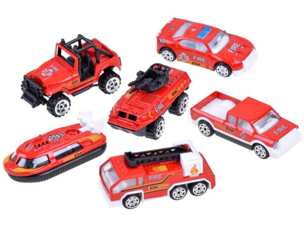 Set 6 Masinute Metalice pentru Copii, Indiggo, Model Fire Trucks, Include Barca si Vehicule de Salvare, Ideale pentru Pasionatii de Vehicule, Dimensiune 7 x 2.5 x 3 cm, de la 3 ani, Rosu