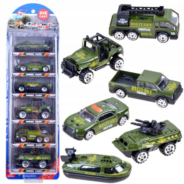 Set 6 Masinute Metalice pentru Copii, Indiggo, Model Armata, Include Barca si Vehicule de Armata, Ideale pentru Pasionatii de Vehicule, Dimensiune 7 x 2.5 x 3 cm, de la 3 ani, Verde