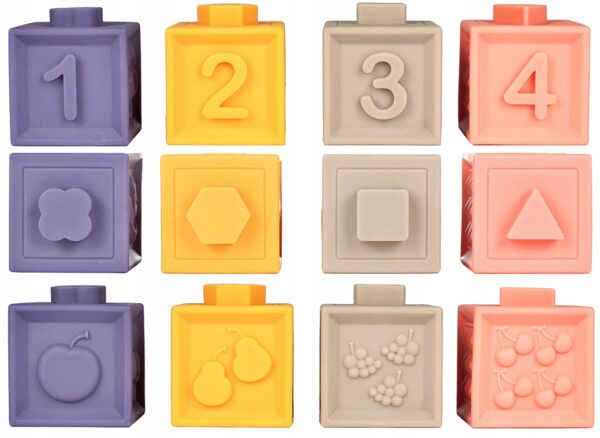 Set 12 Cuburi Senzoriale pentru Bebelusi, din Cauciuc Moale, Diferite Texturi si Forme, 6 Modele Animale, Sigure Pentru a fi Rontaite, 12luni+, Multicolor