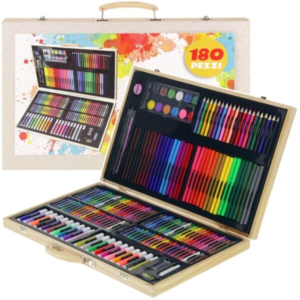 Set de Pictura si Desen pentru Copii, Include 180 de Piese, Carioci, Acuarele, Creioane Colorate, Rigla, Cutie pentru Depozitare din Lemn, 3ani+, Multicolor