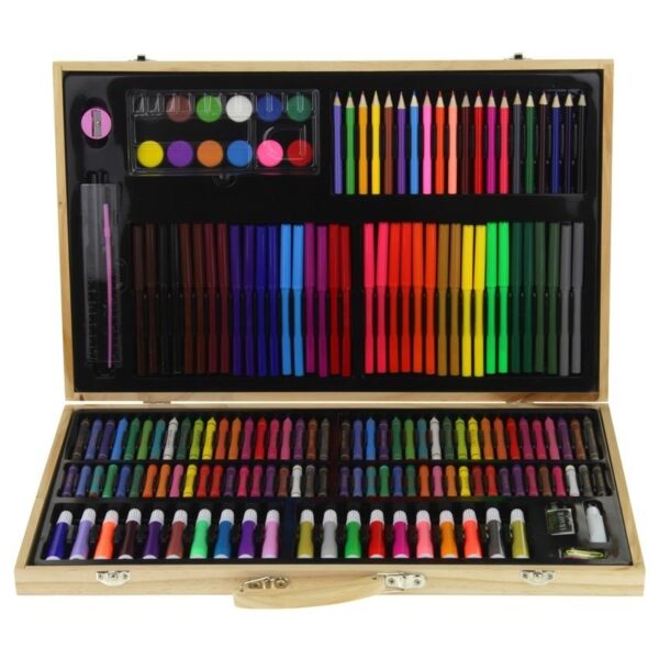 Set de Pictura si Desen pentru Copii, Include 180 de Piese, Carioci, Acuarele, Creioane Colorate, Rigla, Cutie pentru Depozitare din Lemn, 3ani+, Multicolor
