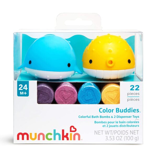 Set 20 Tablete Colorate si 2 Jucarii Dispenser pentru Baie, Colour Buddies Munchkin™, Coloreaza Apa, Non-Toxic, Nu Pateaza Cada si Pielea, 1an+, Multicolor