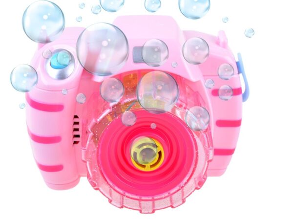 Jucarie Interactiva Camera Bubble, Indiggo, Camera Foto de facut Baloane de Sapun, Cu Lumini si Melodii, Include Sticluta cu Sapun Lichid de 100ml, Curea de Agatat de 85 cm, 3 ani+, Roz