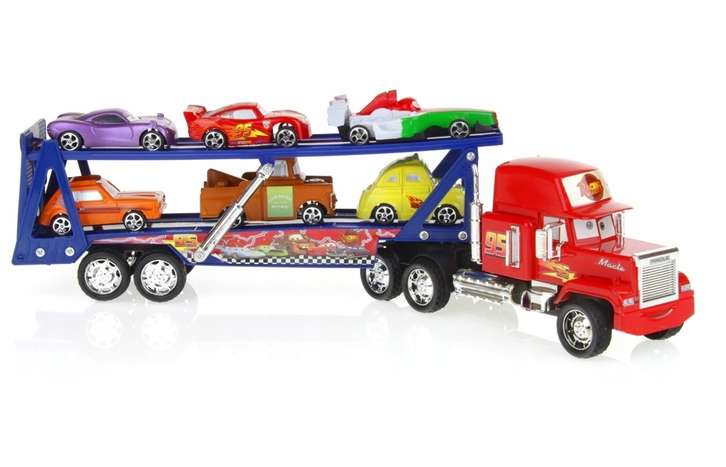 Camion cu Trailer Supraetajat si 6 Masinute, Model Inspiratie Cars, 48.5 cm Lungime, 3 ani +, Multicolor