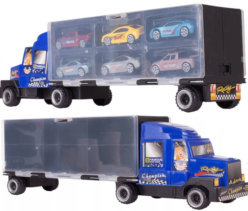 Set de Masinute, Blue Truck, Camion cu 6 Masinute Incluse, 40 cm Lungime, cu Panou Transparent, Maner pentru Transport, 3ani, Albastru