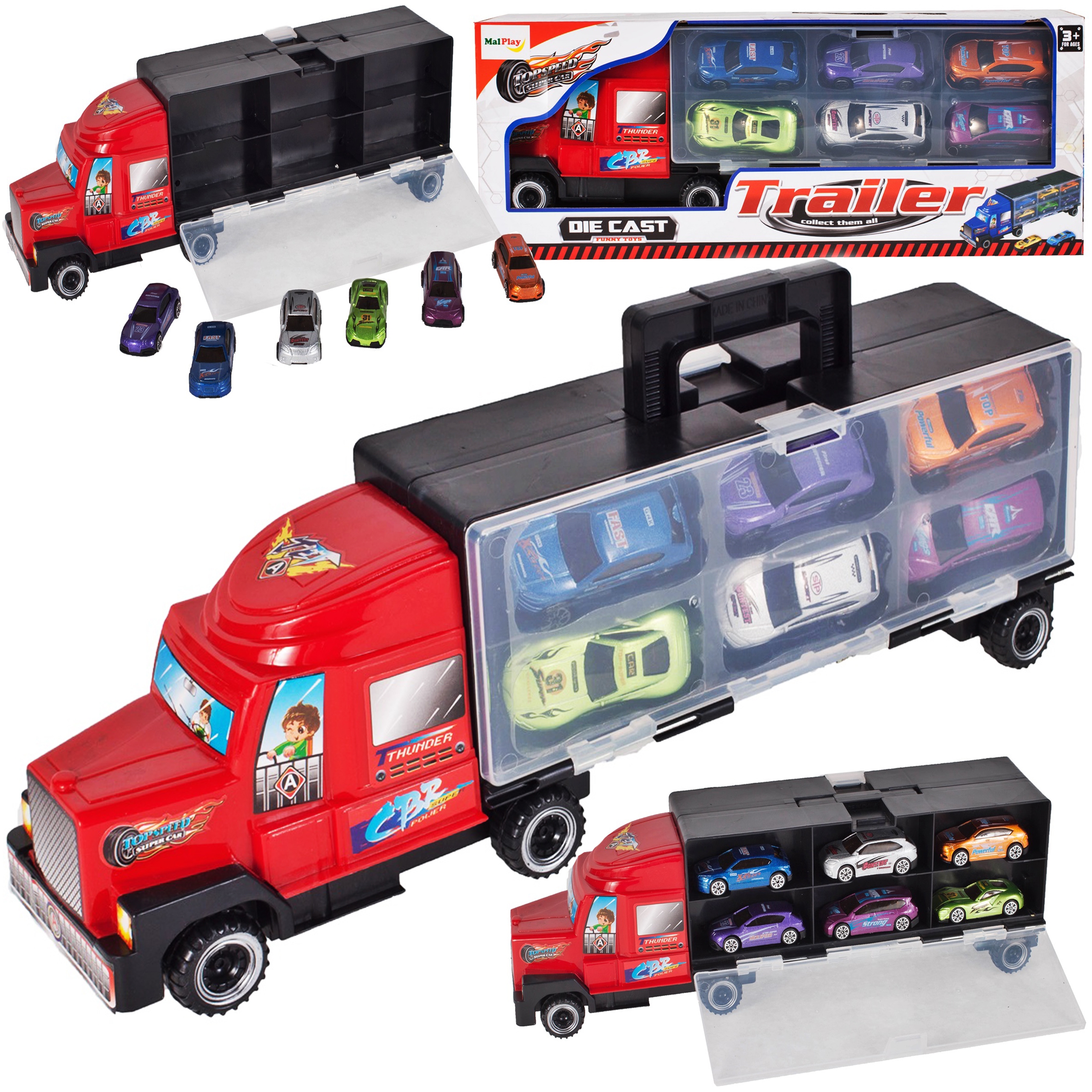 Set de Masinute, Red Truck, Camion cu 6 Masinute Incluse, 40 cm Lungime, cu Panou Transparent, Maner pentru Transport, 3ani, Rosu