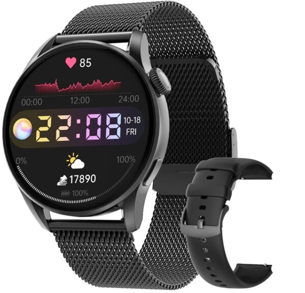 Ceas SmartWatch DT™ WATCH3 MINI, Apelare Bluetooth HD, 1.19″ Borderless 4D, NFC Acces Control, GPS Route tracking, AI Asistent Vocal, ECG, 24/7 Fitness Tracker, Curea Metalica si Silicon, Infinite Black
