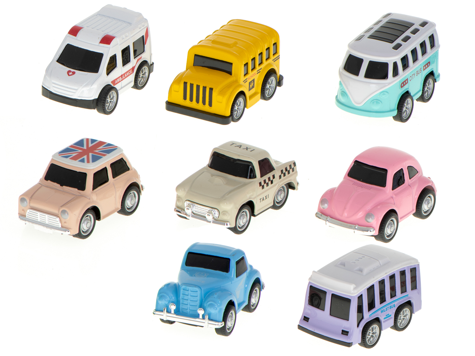 Set 8 Vehicule de Jucarie, Model Retro, Metalice, de Mici Dimensiuni, Include 3 Autobuze, o Ambulanta si 4 Masini, Stimuleaza Recunoasterea Vehiculelor, Dimensiune Vehicul 6x3x4cm, Indiggo, 3ani+, Multicolor