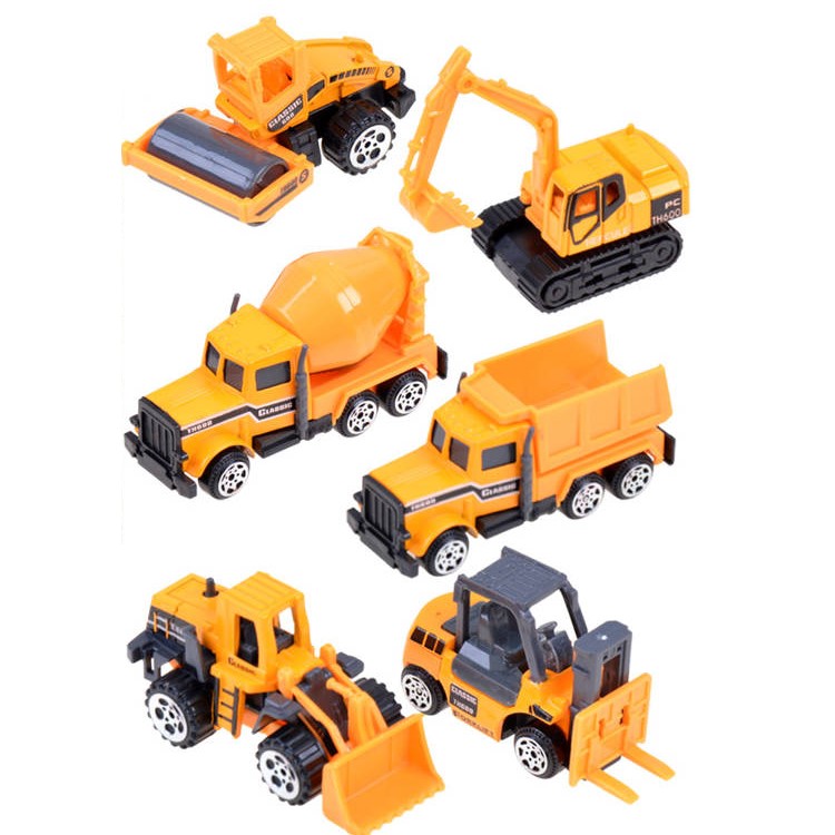 Set 6 Masinute Metalice pentru Copii, Model Santier, Include Excavator si Camioane, Ideale pentru Pasionatii de Vehicule, Indiggo, Dimensiune 7.5 x 2.5 x 3 cm, de la 3 ani, Galben