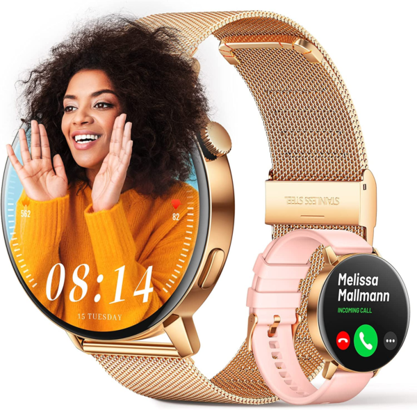 Ceas Smartwatch WiX™ MINI Apel Bluetooth HD, 1.19” Crystal Clear View, AI Asistent Vocal, GPS Route Tracking, NFC Acces Control, 24/7 Smart Activity Tracker, Monitor ECG/HR/SpO2, Incarcare Wireless, Curea Metalica si Silicon Sunshine Gold