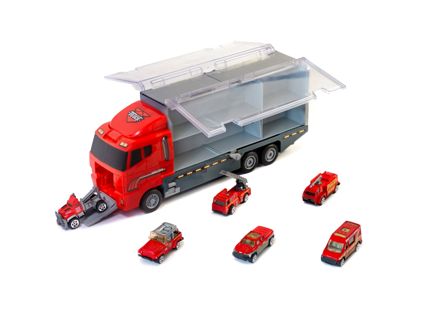 Set de Masinute, Tir Truck, Camion cu 6 Masini de Pompieri, 36 cm Lungime, cu Panou Transparent, Iesire Speciala pentru Masini, Aspect Realist, Red