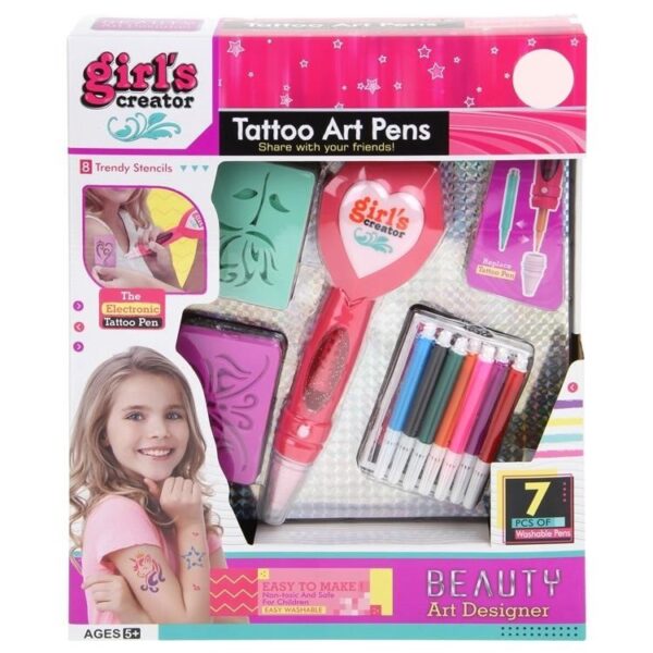 Set de Tatuaje Temporare pentru Copii, Tatoo Pens, Include Stilou Electric, Carioci Colorate si Sabloane, Non-Toxic, Usor de Utilizat, Usor de Indepartat, Indiggo, 3ani, Multicolor