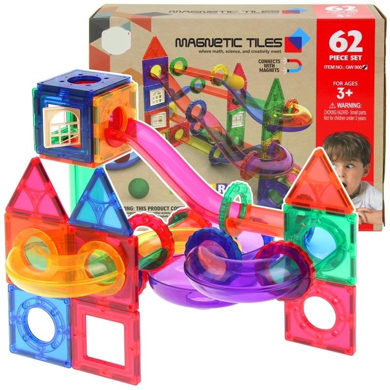 Set de Constructie Magnetic Tiles, Include 62 de Piese, Magneti Puternici, Circuit cu Bile, Numeroase Posibilitati de Construit, Indiggo®, 3ani+, Multicolor