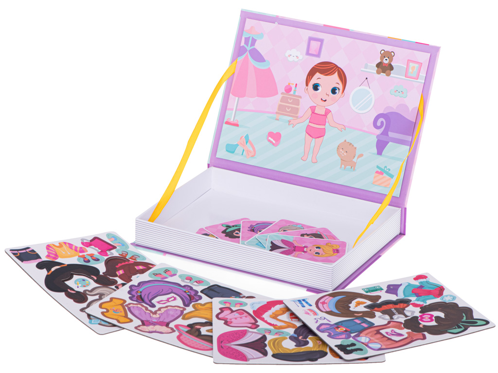Joc Educativ, Magnetic Book, Girl’s Costume, Include 51 de Piese de Puzzle, 6 Cartonase Duble cu Imagini, Cutie Pentru Depozitare, Indiggo, 3ani, Roz