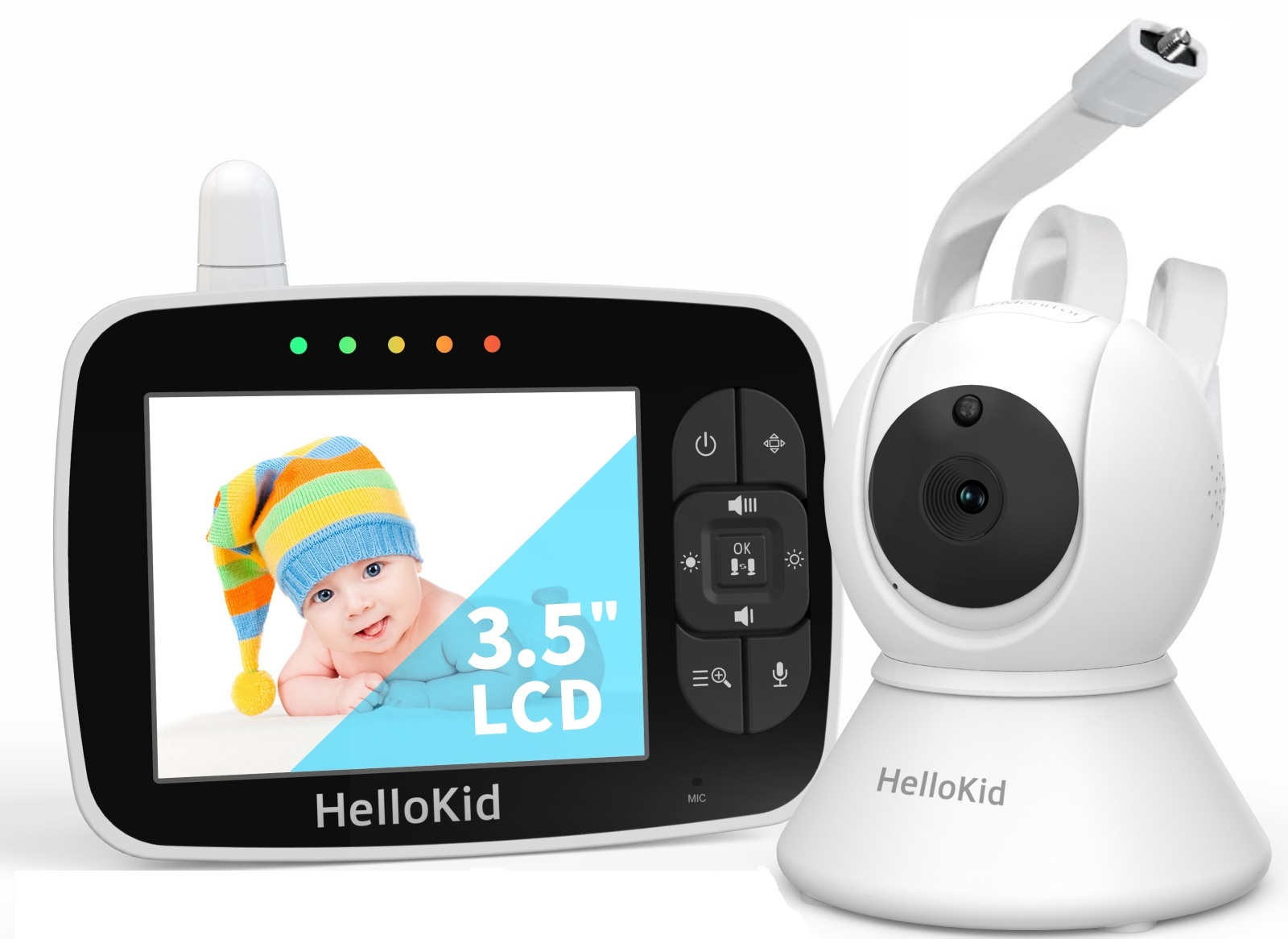 Baby Monitor WiFi HelloKid™ SE II 3.5” UltraHD Vedere Nocturna, 2X Zoom Digital, Pan-Tilt 355°/120°, Mod ECO, Comunicare Bidirectionala, Senzor Temperatura, Alarma, Cantece, Conexiune Sigura, Raza Lunga, Alb/Negru