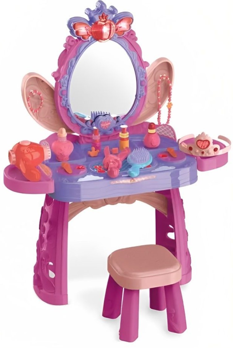 Masuta de Machiaj pentru Fetite, Make-up Desk KinderVibe™, cu Scaunel, Include 37 de Piese, Oglinda Mare, Uscator, Accesorii Superbe, Melodii si Lumini, Inaltime 74cm, Pink Princess