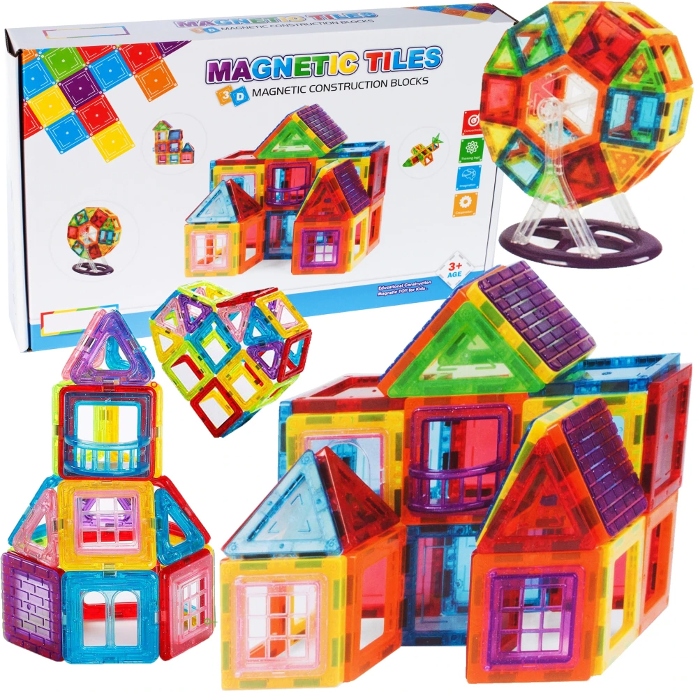 Set de Constructie Magic Magnets, Include 70 de Piese, Magneti Puternici, Numeroase Posibilitati de Construit, STEM, Educativ si Creativ, Indiggo®, 3ani+, Rosu/Verde