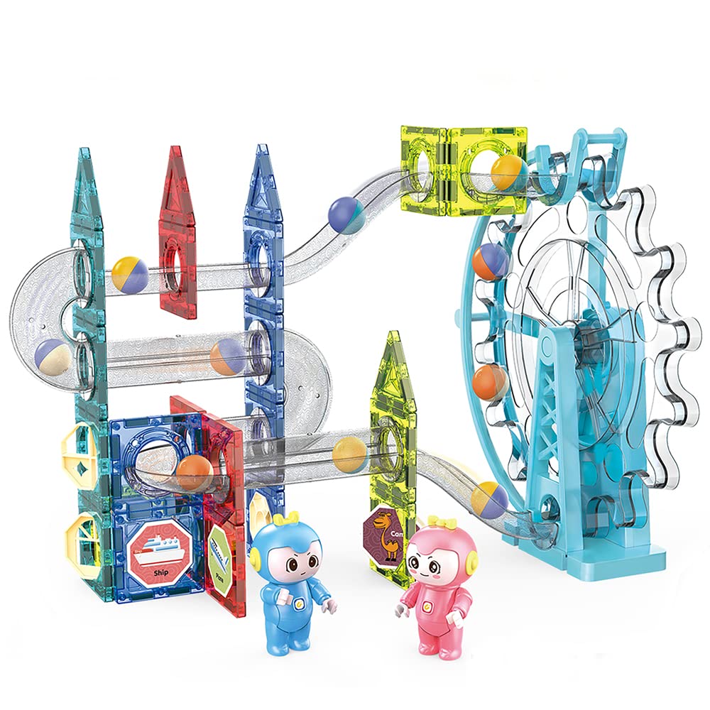 Set de Constructie Ferris Magic Magnets, Include 73 de Piese, Roata Muzicala se Invarte, Magneti Puternici, Traseu cu Bile, Numeroase Posibilitati de Construit, STEM, Educativ si Creativ, Indiggo®, 3ani+, Blue Galaxy