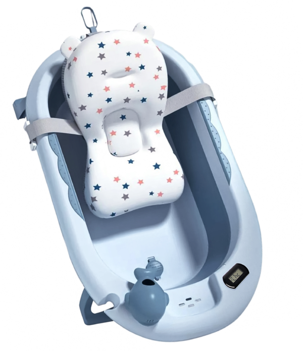 Cadita bebe, SmartVibe, 0-36 luni, pliabila, termometru, picioare antiderapante, cana pentru clatire tip jucarie, suport cap de dus, suport pentru sapun, cu perna din material hipoalergenic, lavabil cu uscare rapida, albastru