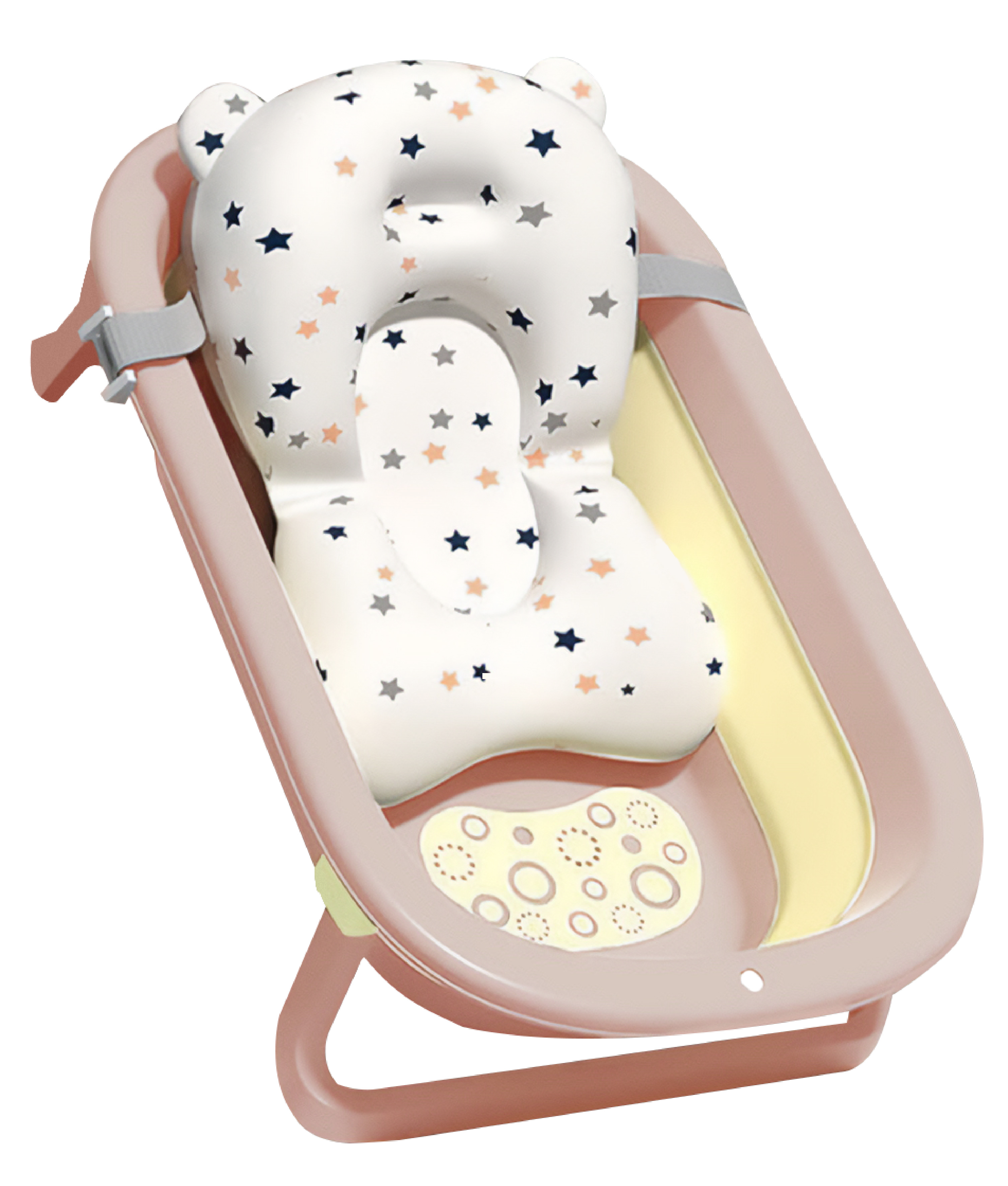 Cadita bebelusi pliabila cu pernuta UniqViBE®, 0-36 luni, dop scurgere, cu perna din material hipoalergenic, lavabil cu uscare rapida, prindere in 3 puncte, picioruse antiderapante, design Ergonomic, Roz/Galben