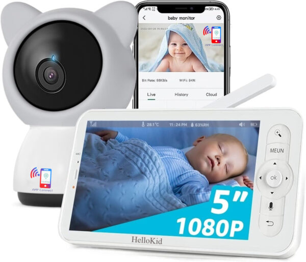 Baby Monitor WiFi 2in1 Multi View HelloKid™ DUO 2K UltraHD/5” Night Vision, Aplicatie Telefon, 355°/90°, Zoom 4X, Two-Way Audio, 3000mAh, Interfon, Apel, Notificari Miscare, Sunet, Temperatura, Umiditate, Cantece, Mod ECO, Gray/White